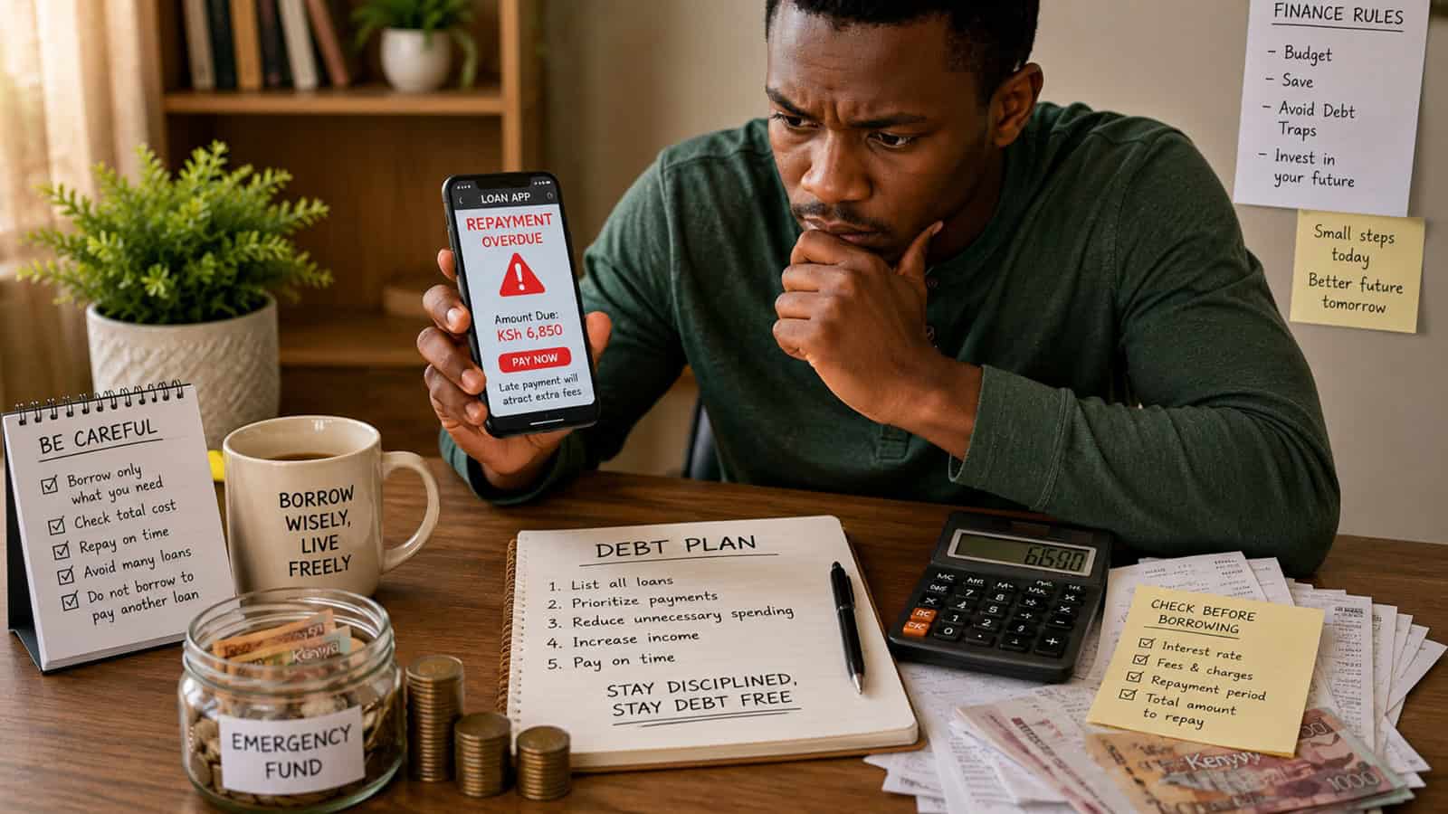 Person reviewing mobile loan repayment warning with calculator, coins, bills, and debt plan