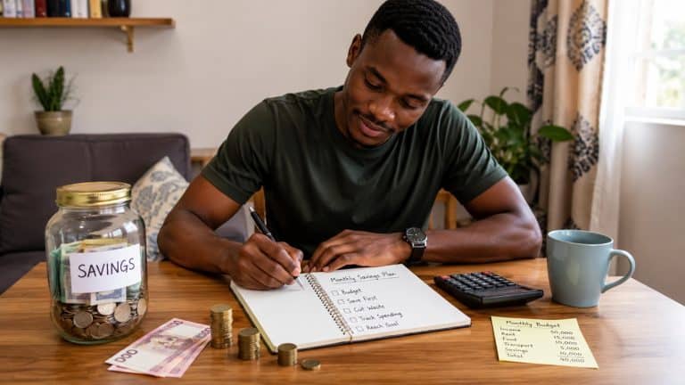 Young African man writing a monthly savings plan with savings jar, coins, calculator, and budget notes on a desk