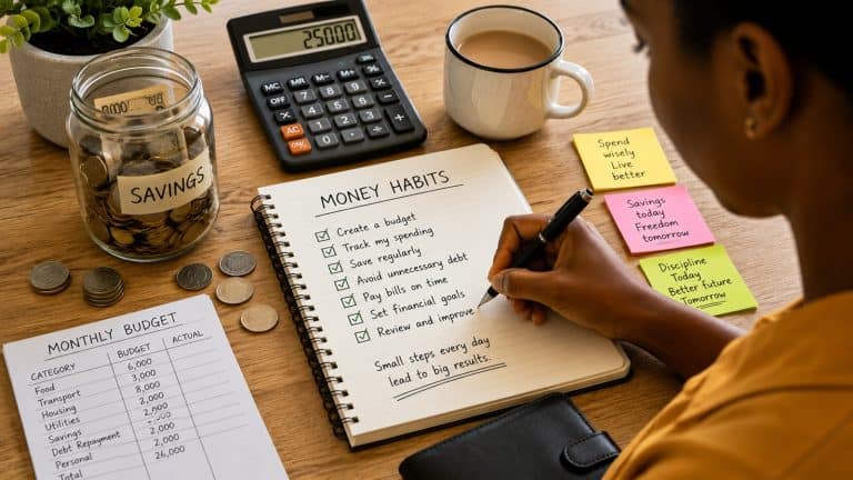 Person writing a money habits checklist with savings jar, coins, calculator, and budget notes