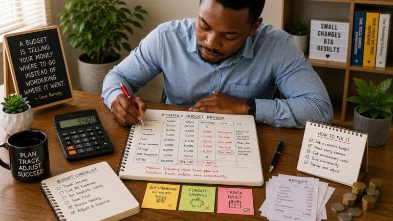 African adult reviewing a monthly budget sheet with calculator, receipts, coins, notebook, and budgeting mistake notes