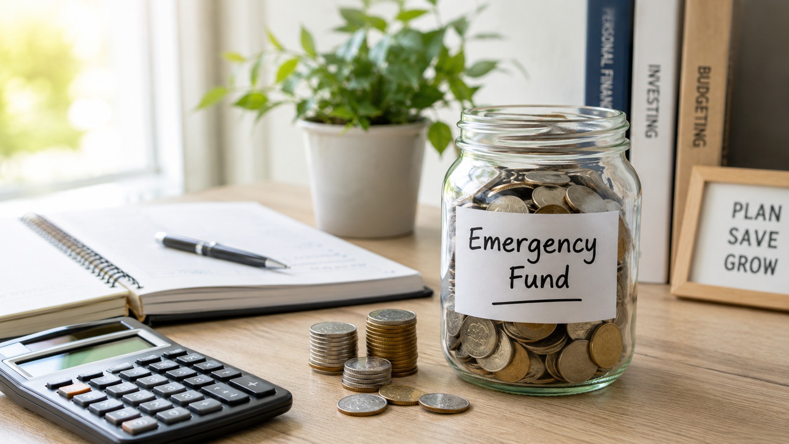 Savings jar with coins, calculator, and notebook for emergency fund planning