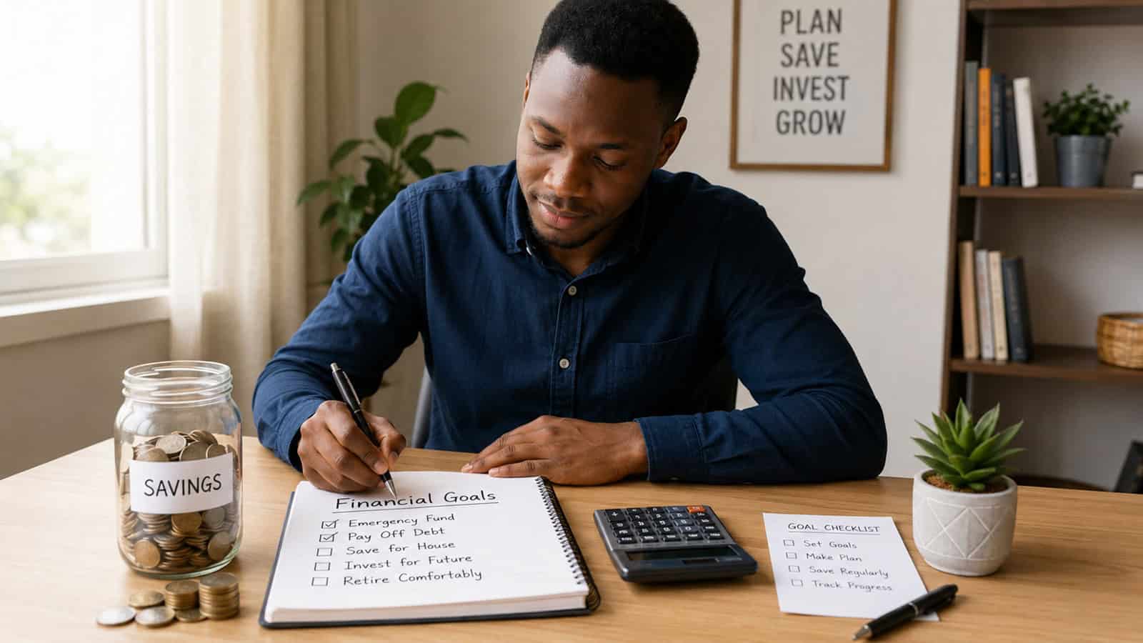 Person writing financial goals in a notebook with savings jar, calculator, coins, and checklist