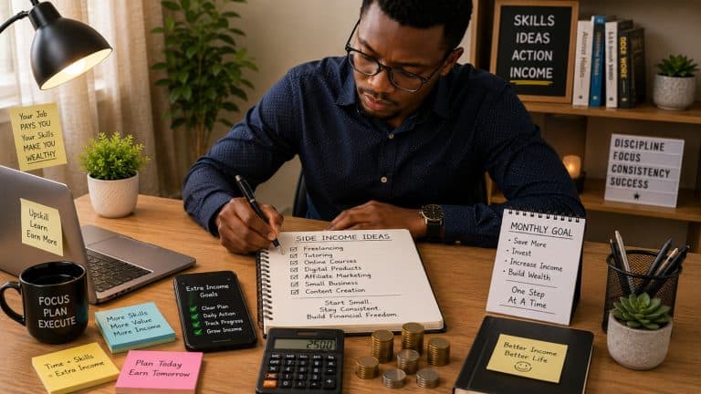 African professional planning side income ideas with laptop, notebook, smartphone, calculator, and coins on a desk
