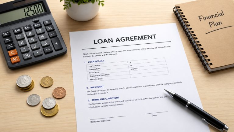 Loan agreement document with calculator, coins, pen, and notebook on a desk