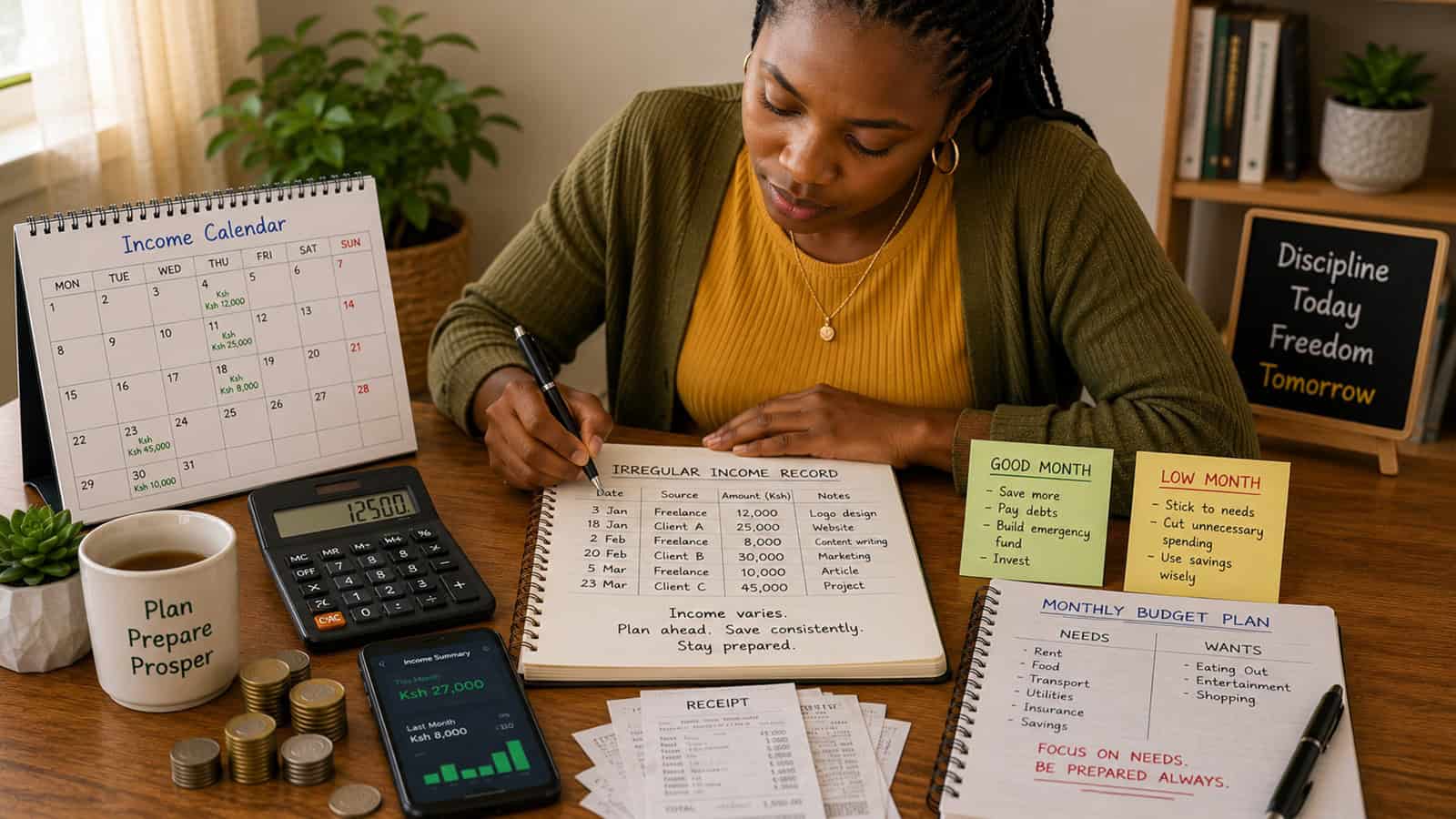 African freelancer reviewing irregular income records with calendar, calculator, smartphone, coins, and budget notes