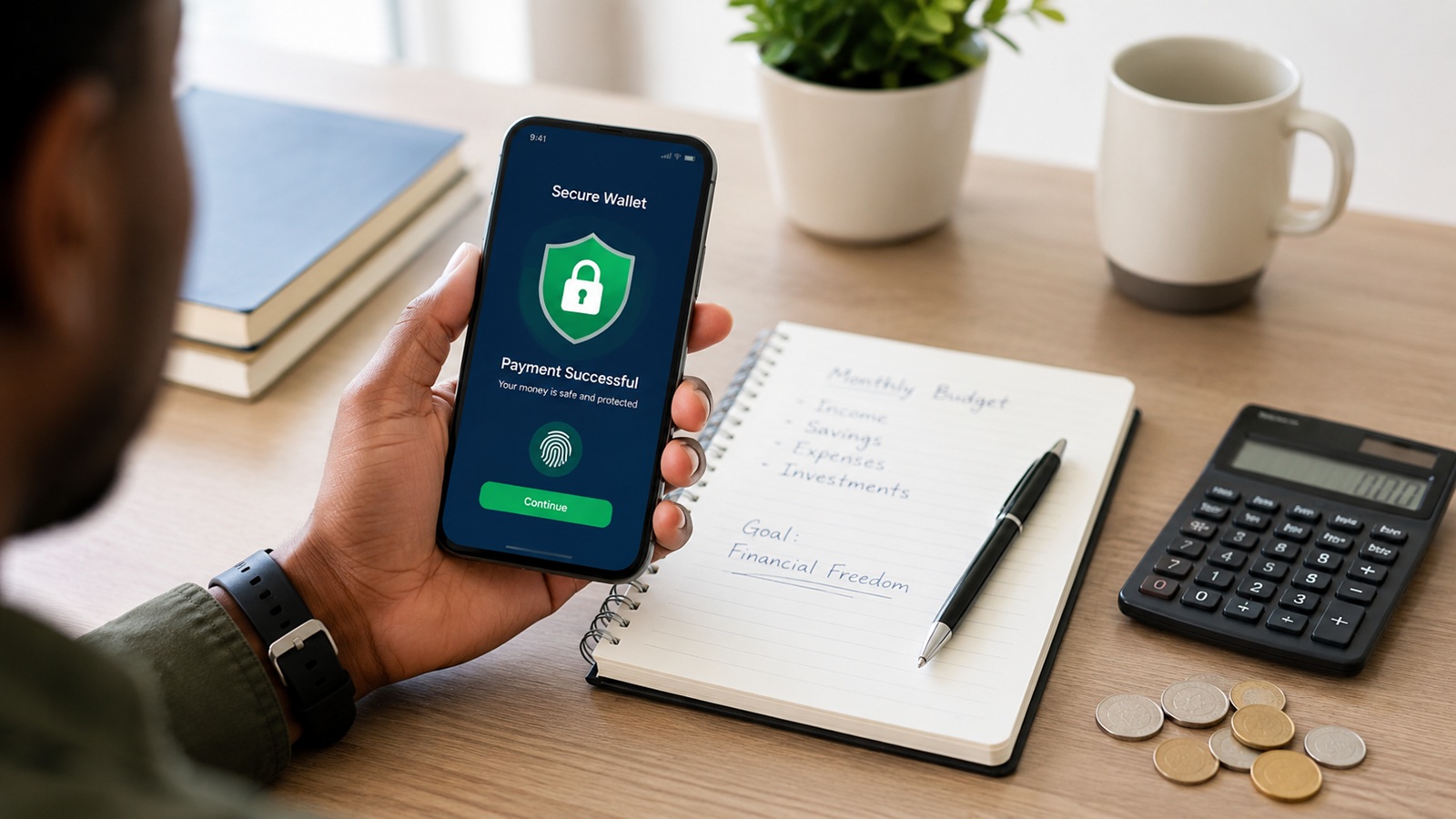 Person using a smartphone with security lock icon beside coins, notebook, and calculator