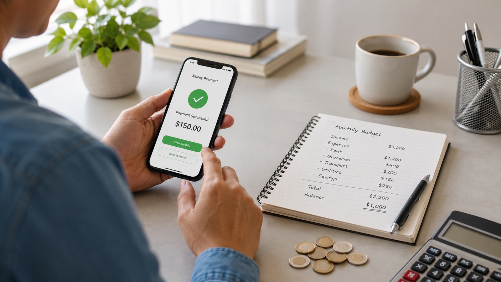 Person using smartphone for mobile money payments with coins, notebook, and calculator