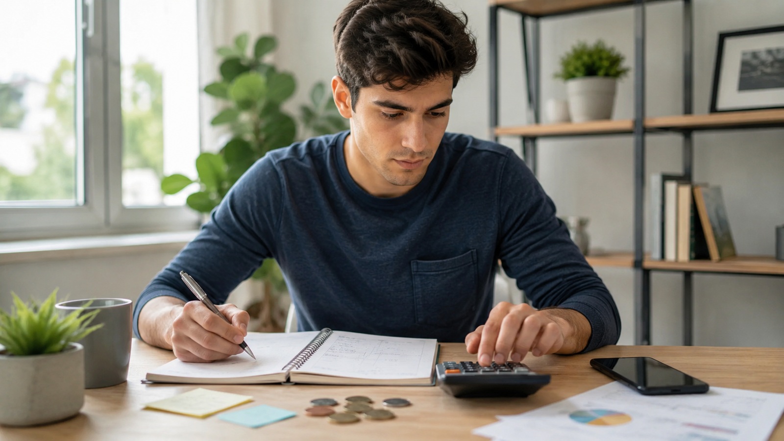 Young person reviewing expenses with a notebook, calculator, coins, and phone