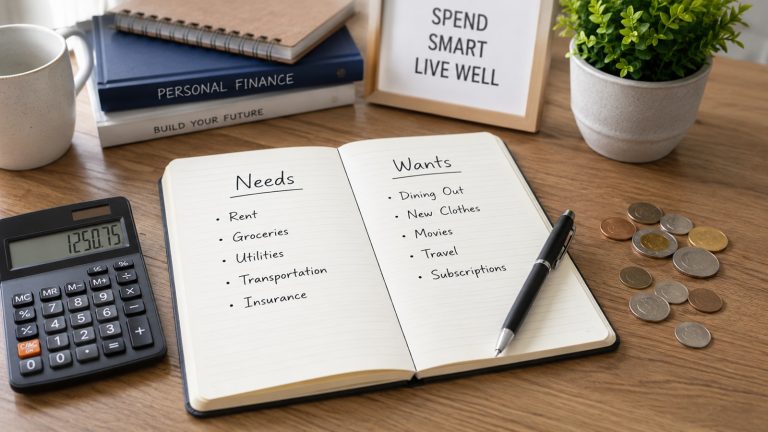 Notebook showing needs and wants columns with coins, pen, and calculator