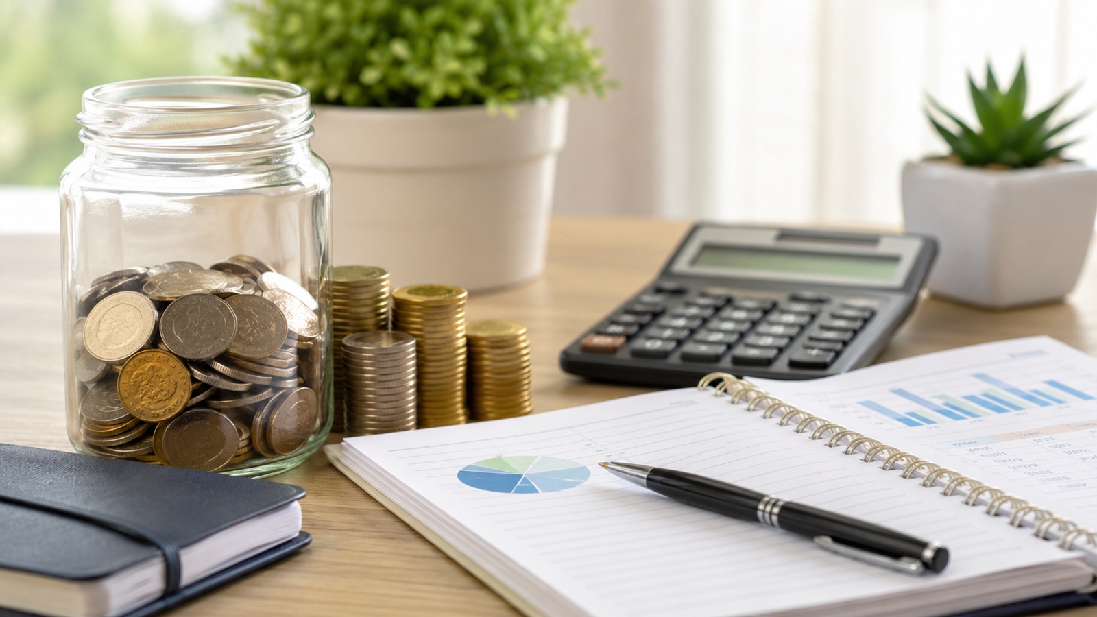 Savings jar with coins, calculator, and budget planner for personal finance