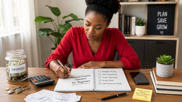African adult reviewing a personal finance checklist with savings jar, calculator, coins, receipts, and smartphone