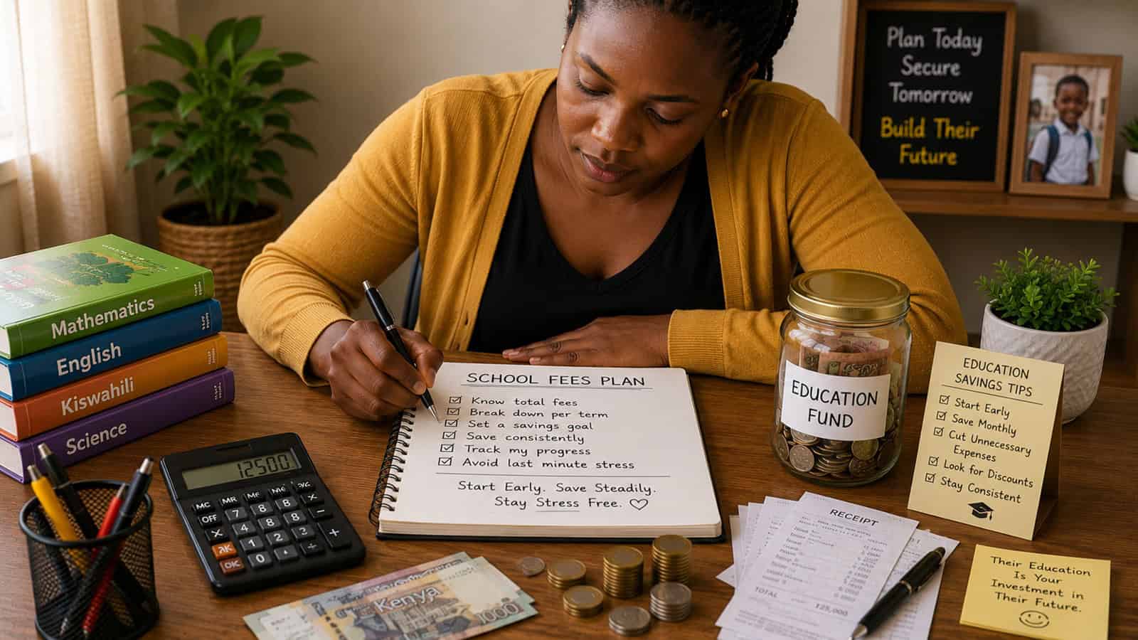 African parent planning school fees with notebook, school books, calculator, coins, receipts, and education savings checklist