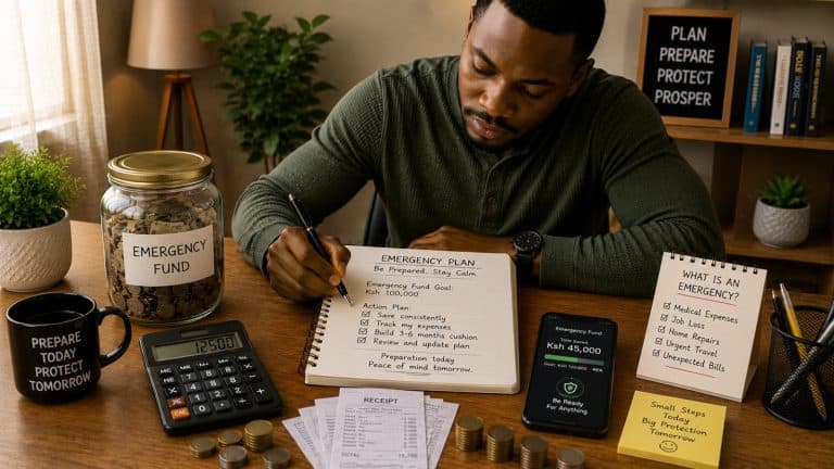 African adult preparing an emergency fund plan with savings jar, coins, calculator, receipts, and smartphone