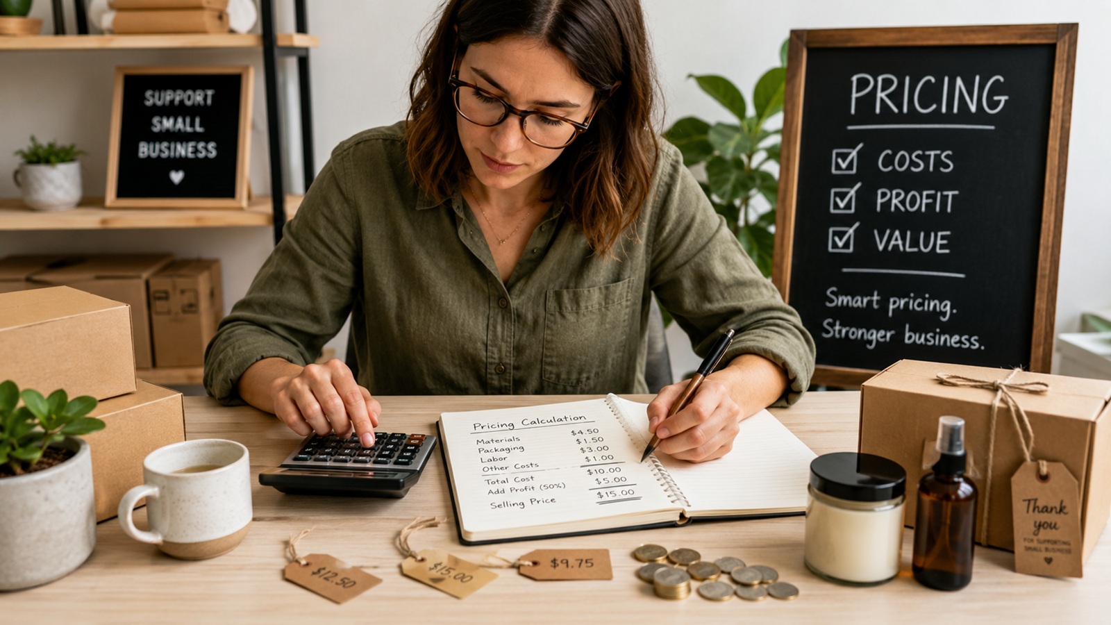 Small business owner calculating product prices with calculator, notebook, price tags, stock items, and coins
