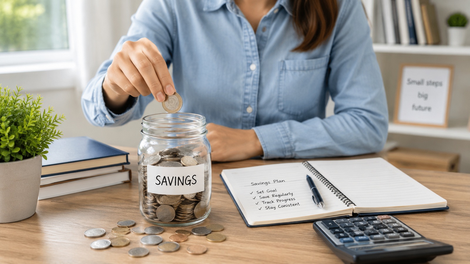 Person placing coins into a savings jar beside a notebook and calculator