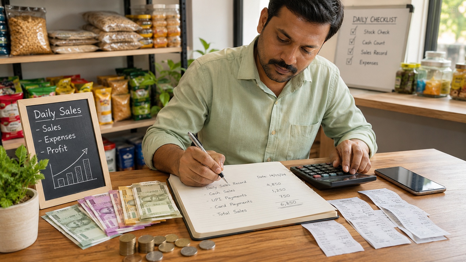 Small business owner reviewing daily sales records with calculator, receipts, cash, notebook, and smartphone