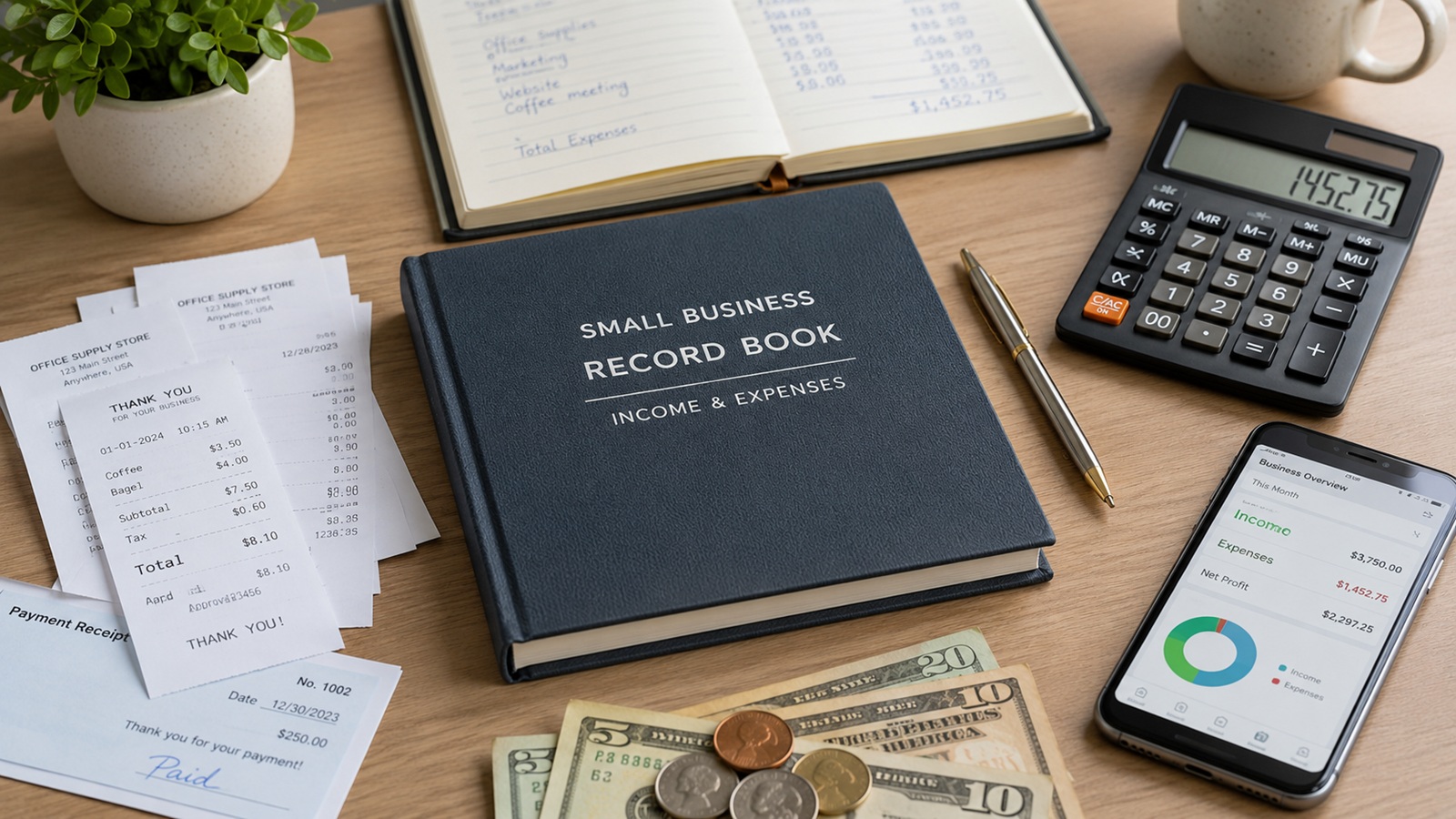 Small business record book with receipts, calculator, cash, pen, and smartphone on a desk