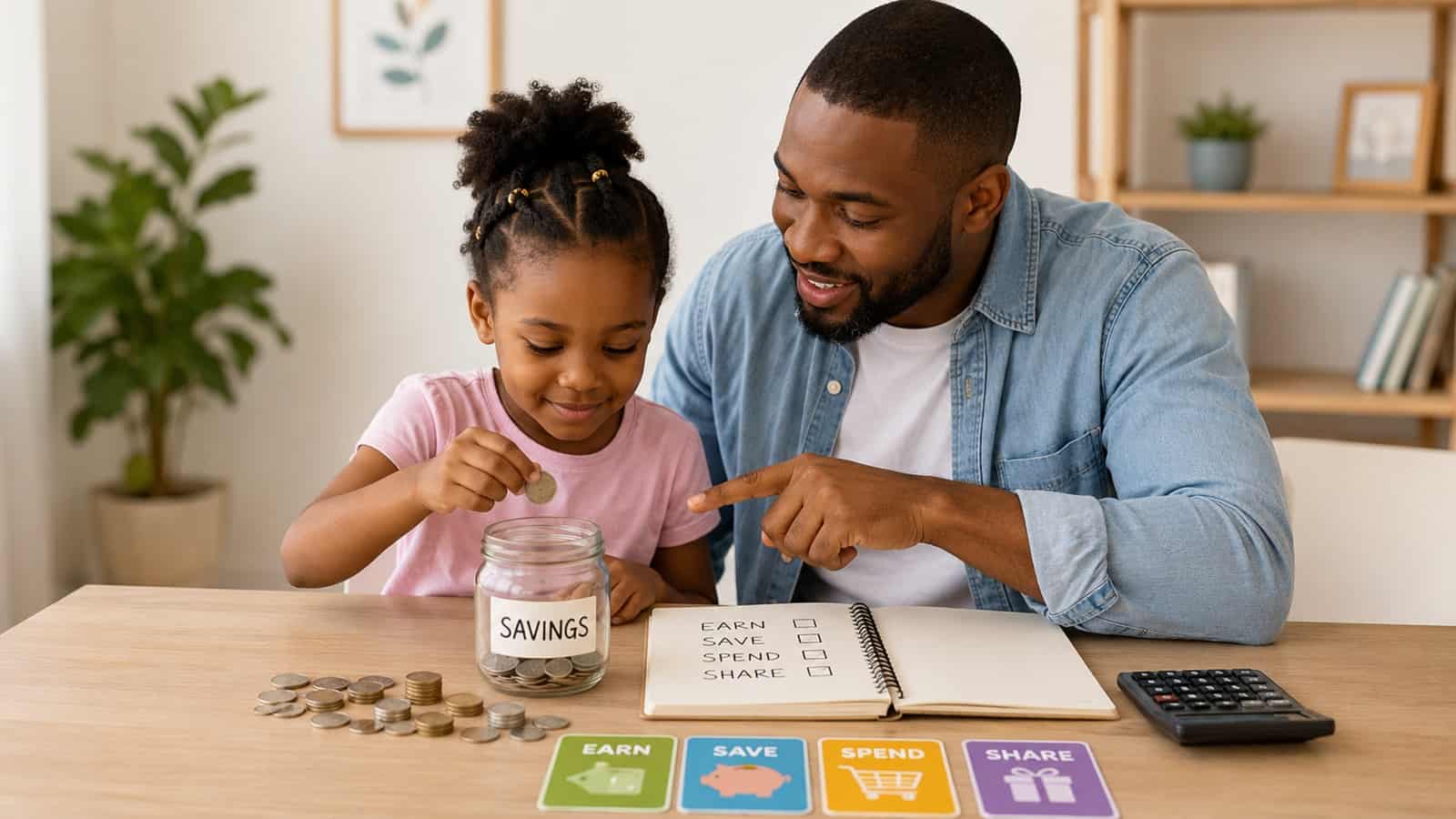 Parent teaching child about saving money with coins, savings jar, notebook, calculator, and learning cards