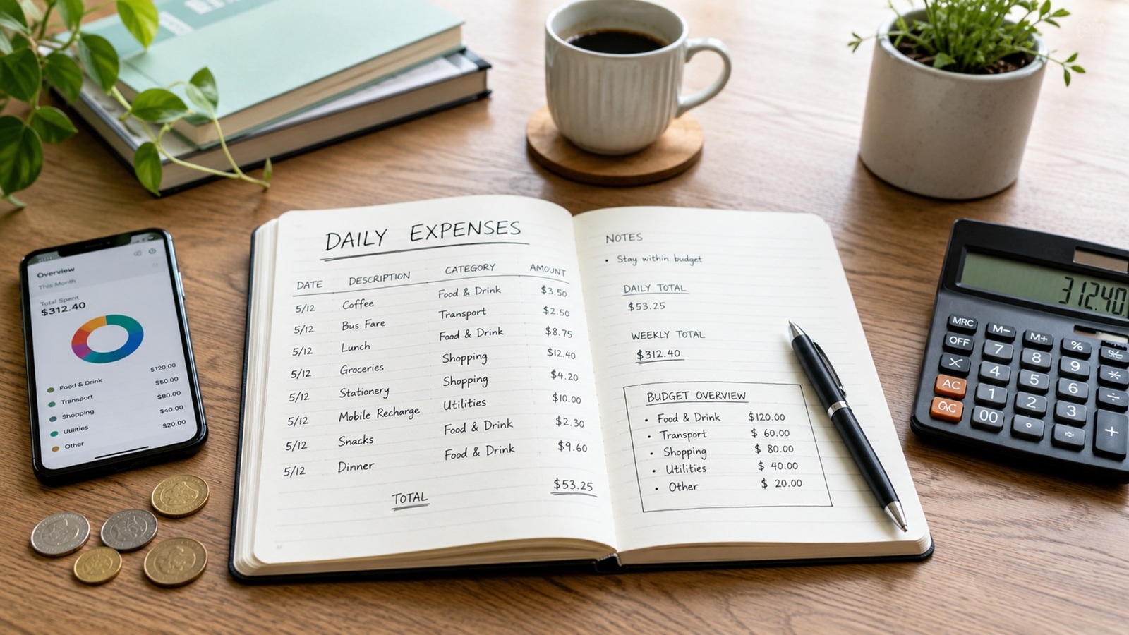 Notebook with daily expenses, calculator, coins, and smartphone on a desk