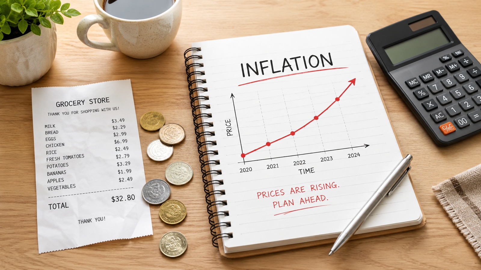 Grocery receipt with calculator, coins, notebook, and rising price chart