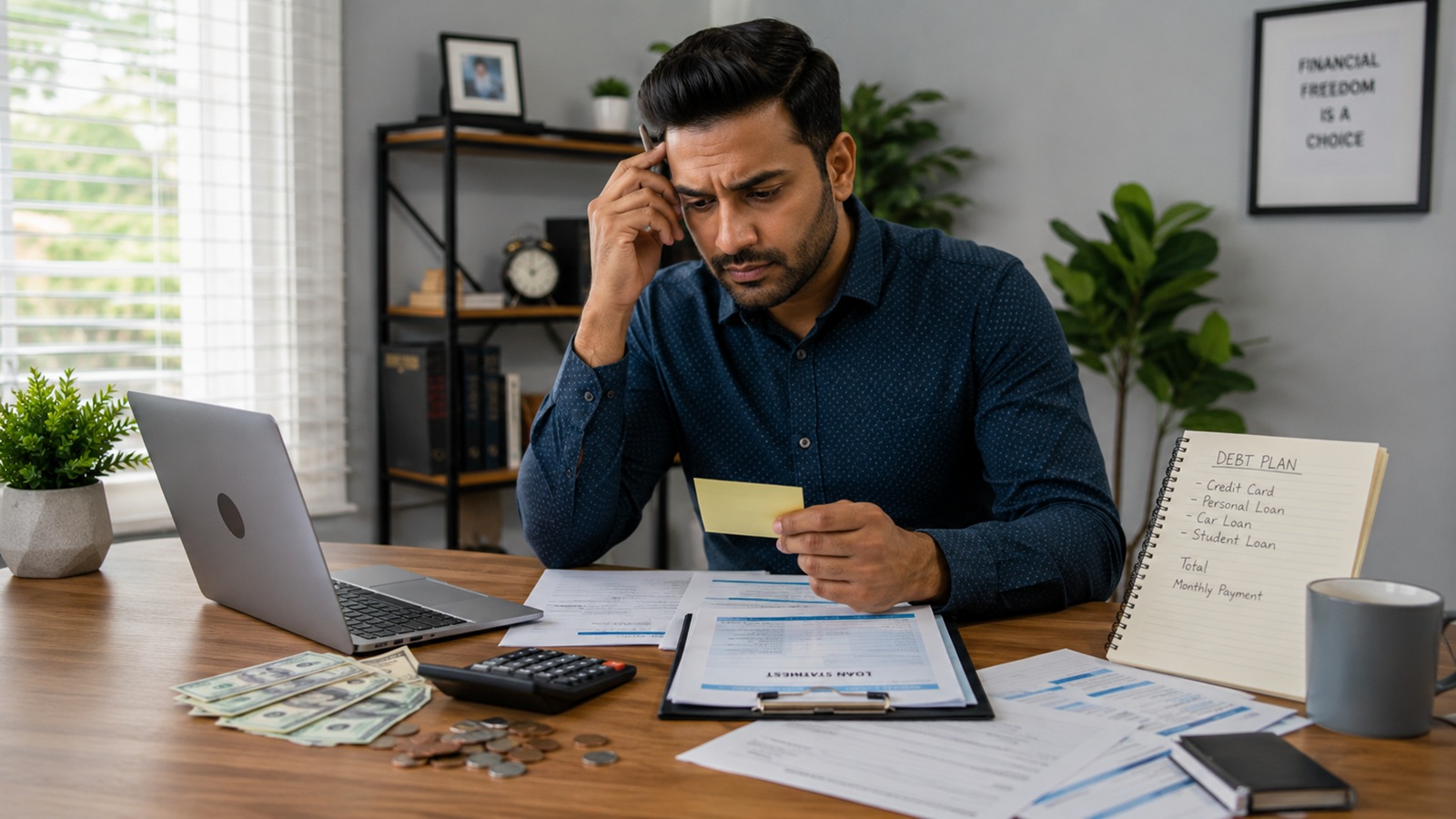 Person reviewing debt notes with loan papers, calculator, coins, and bills on a desk